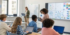 Illustration of AI-powered tools in a classroom setting, showing students and teachers using digital platforms, automation, and learning analytics to enhance education in 2025.