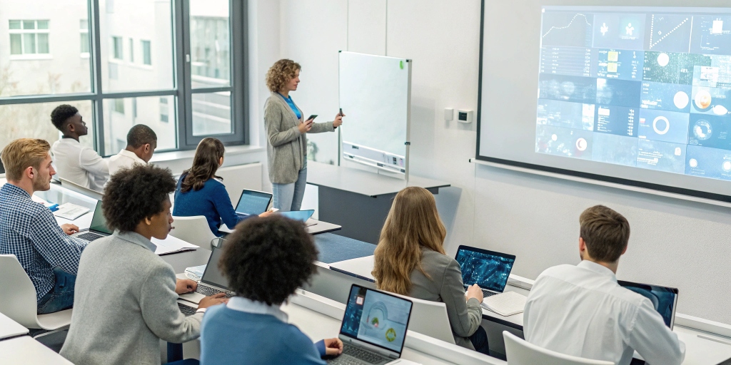 Modern classroom with students and professors using AI-powered tools, highlighting how artificial intelligence transforms teaching and learning in higher education by 2025.