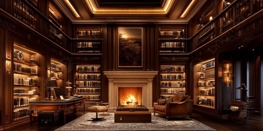 Elegant leather-covered bookshelves displaying books in sophisticated home library setting