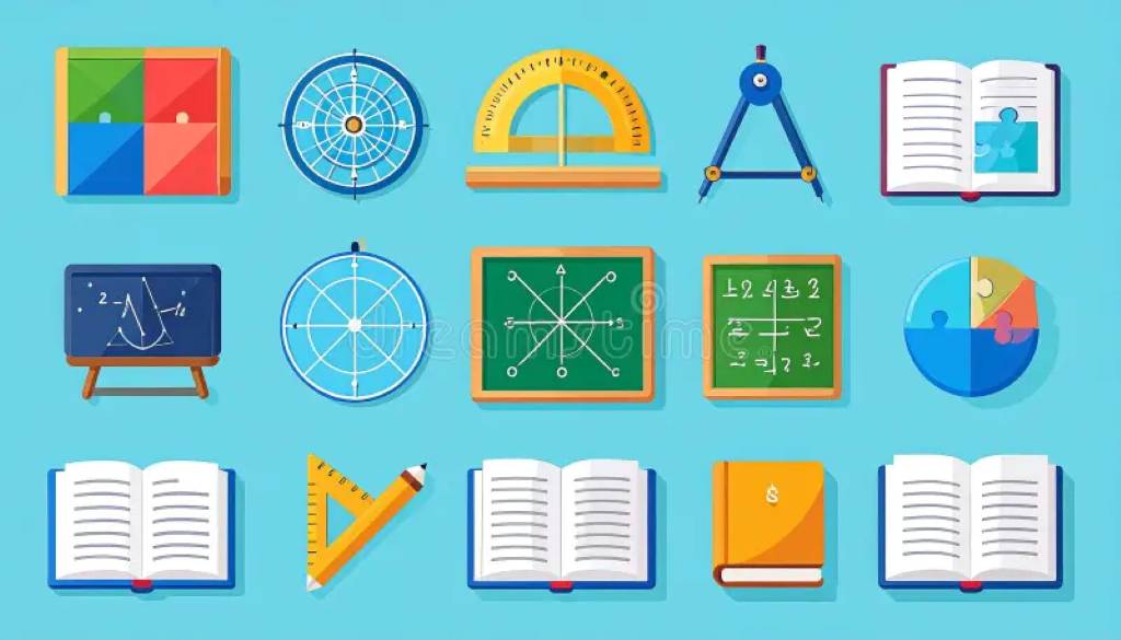Colorful infographic displaying GED math topics like geometry shapes and graphs.