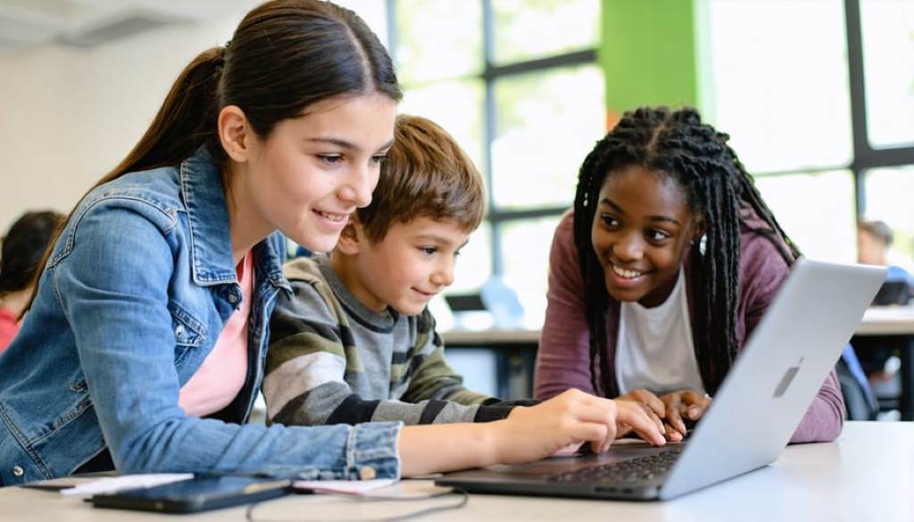 Teacher guiding students with AI tutoring software on tablets in a bright classroom.
