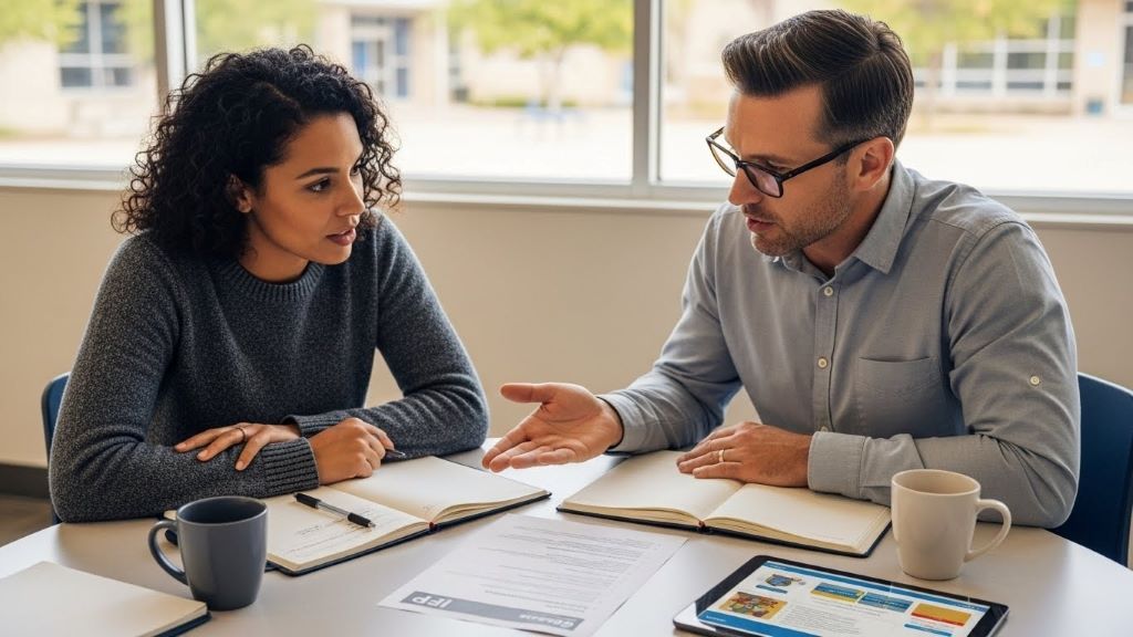 Parent and teacher discussing educational support plan documents for child with special needs