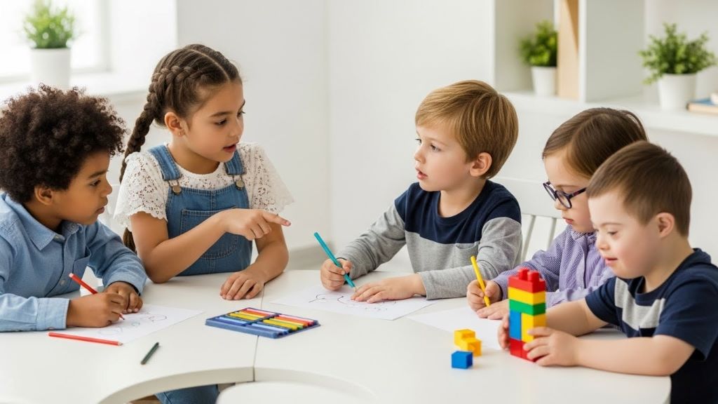 Diverse group of children learning together in an inclusive classroom setting with teacher support