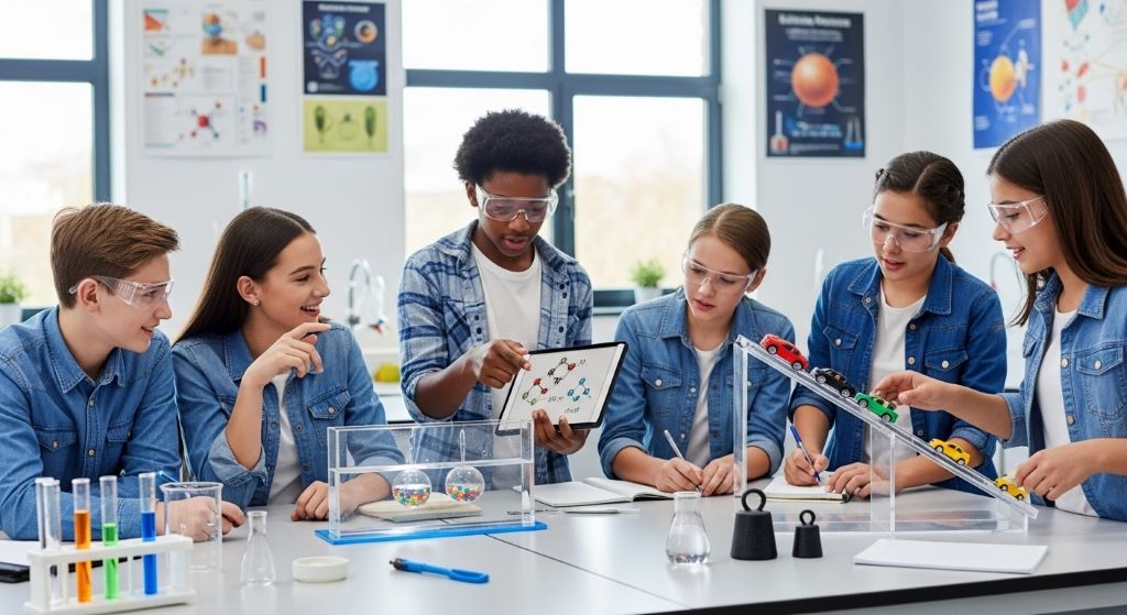 Students collaborating on hands-on science experiment demonstrating conceptual learning instead of memorization in classroom setting
