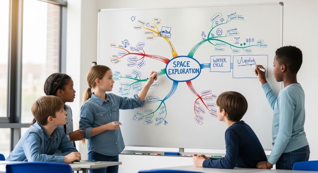 Kids learning together using a mind map drawn on a whiteboard