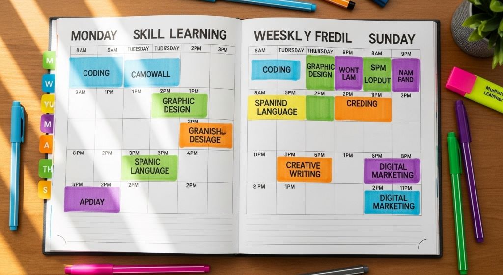 Colorful weekly planner showing time blocks allocated to different skills for multi-skill learning