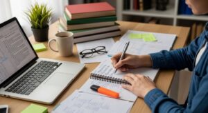 Person writing a personal education plan in a notebook with study materials and a laptop on a desk