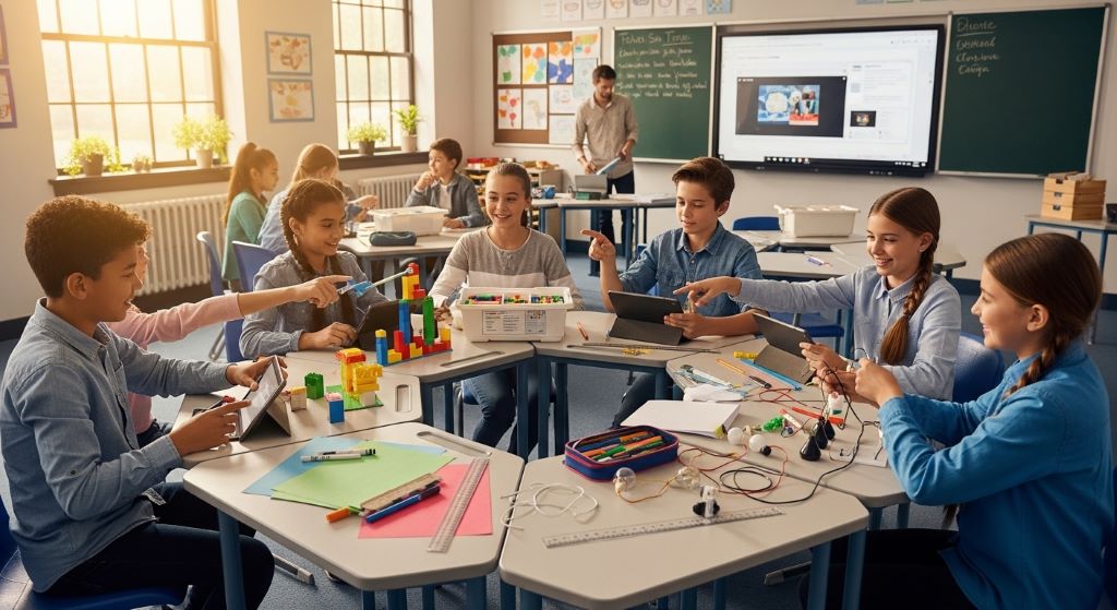 Students collaborating on an interactive project-based learning activity at grouped desks in a bright classroom