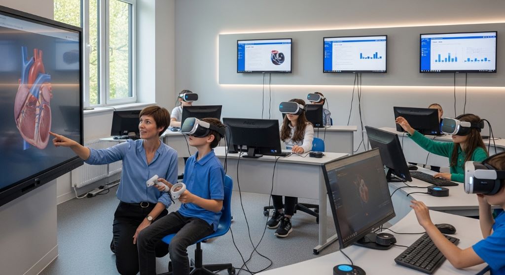 A teacher guiding students using virtual reality headsets in a modern, technology-enabled classroom