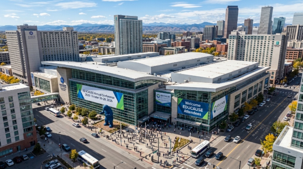 Aerial view of the Colorado Convention Center in Denver, Colorado, the venue for the EDUCAUSE Annual Conference 2026