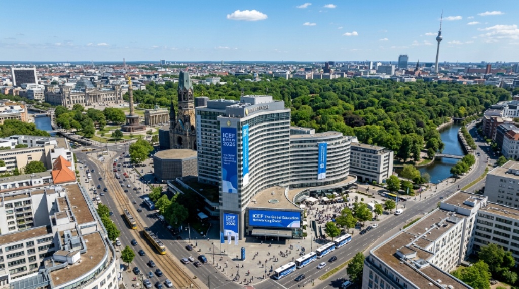 Aerial view of the InterContinental Berlin hotel surrounded by the city skyline, venue for ICEF Berlin 2026