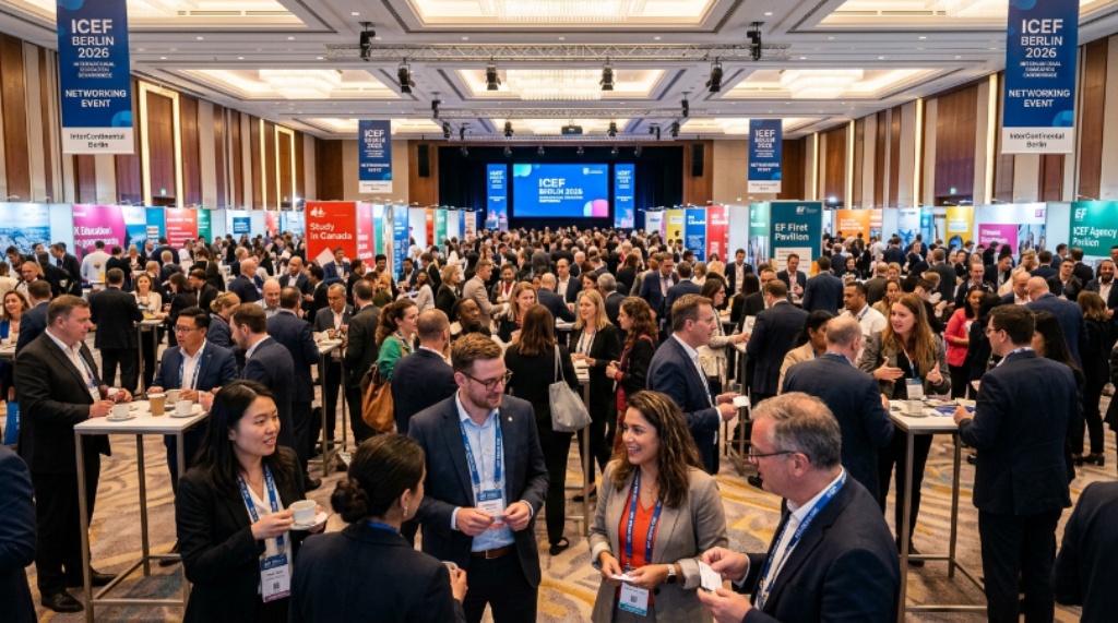 Hundreds of international education professionals networking at ICEF Berlin 2026 inside the InterContinental Hotel conference hall