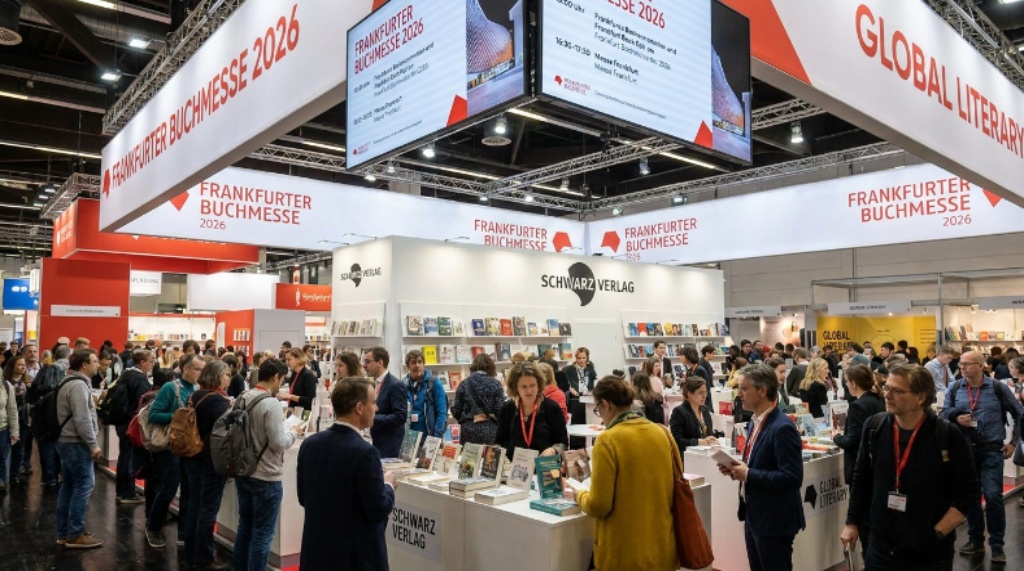 Crowds exploring publisher stands during Frankfurt Book Fair 2026 at Messe Frankfurt exhibition halls