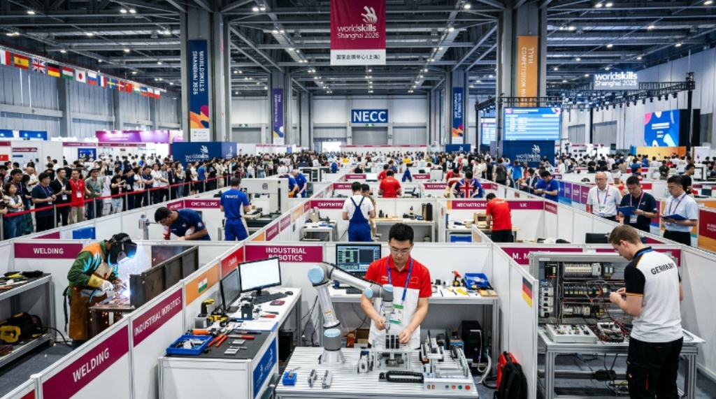 Competitors showcasing technical skills at WorldSkills Shanghai 2026 at the NECC exhibition hall
