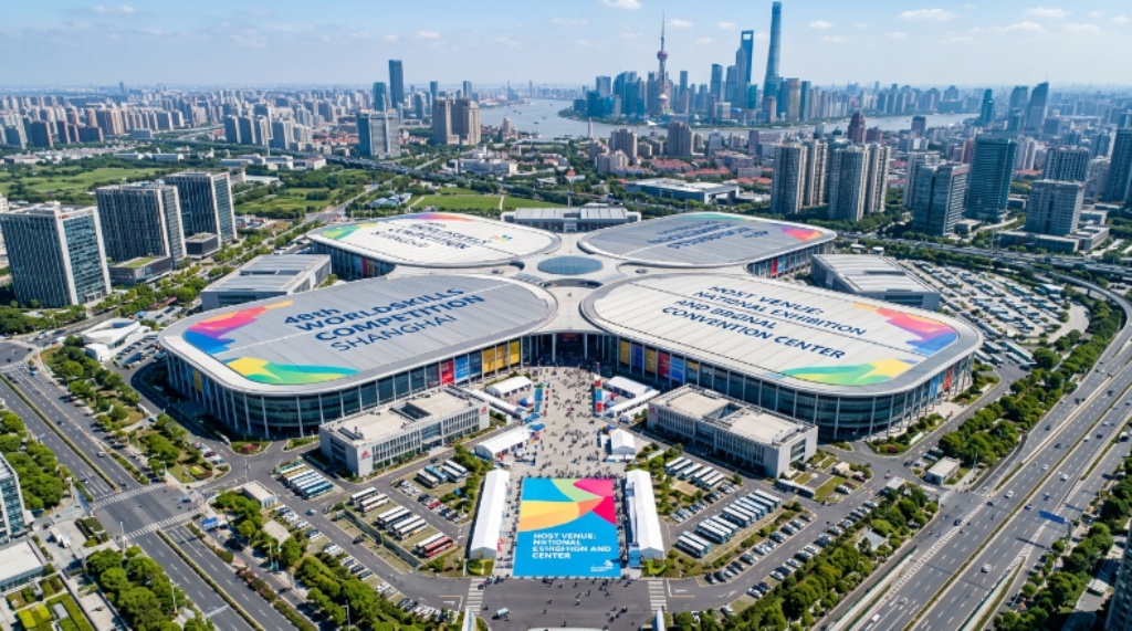 Aerial view of the National Exhibition and Convention Center in Shanghai, host venue of the 48th WorldSkills Competition