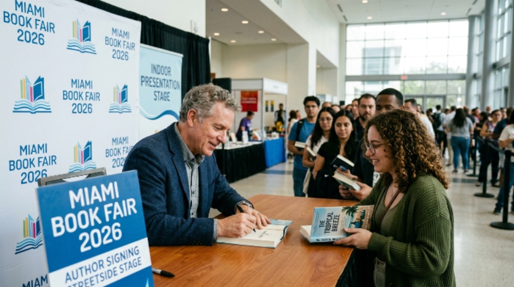 Author signing books at Miami Book Fair 2026 indoor presentation stage