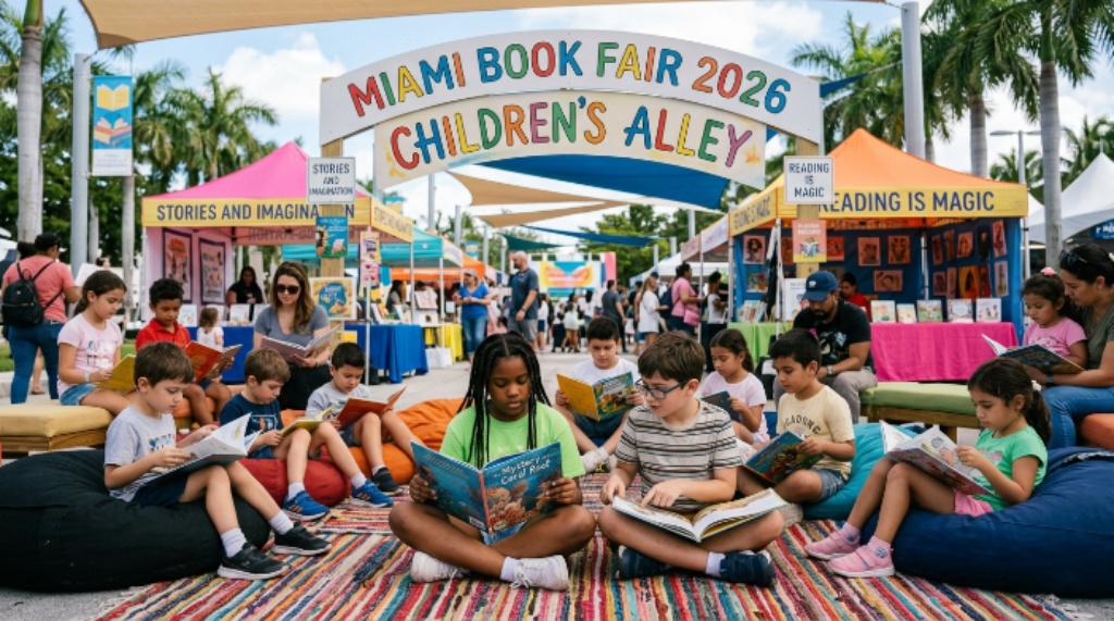 Children reading books at Children's Alley during Miami Book Fair 2026