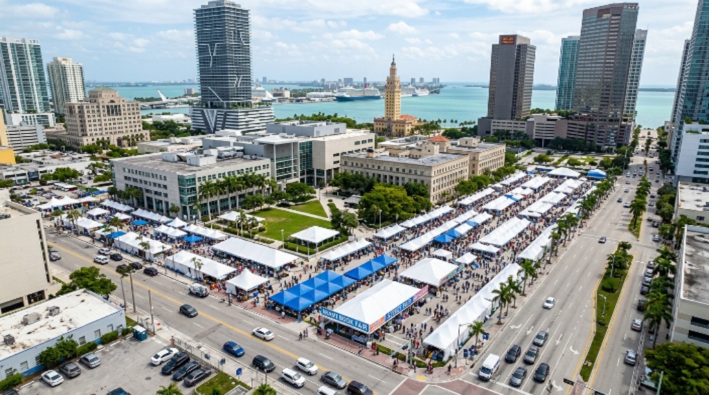 Aerial view of Miami Book Fair Street Fair tents at Wolfson Campus downtown Miami