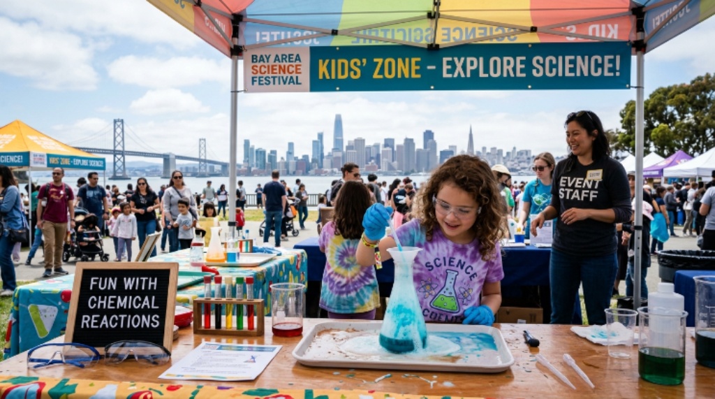 A young child conducting a science experiment at an outdoor booth during the Bay Area Science Festival in San Francisco