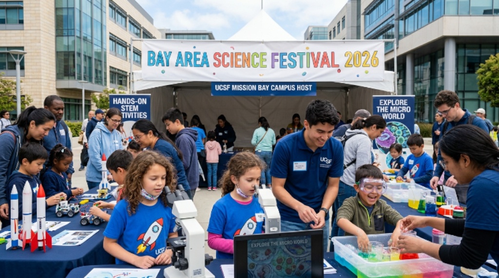 Families and children enjoying hands-on science demonstrations at UCSF Mission Bay Campus during the Bay Area Science Festival 2026