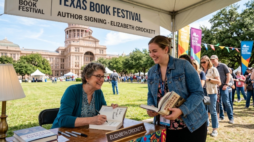 A reader getting a book signed by an author at the Texas Book Festival on the Texas State Capitol grounds