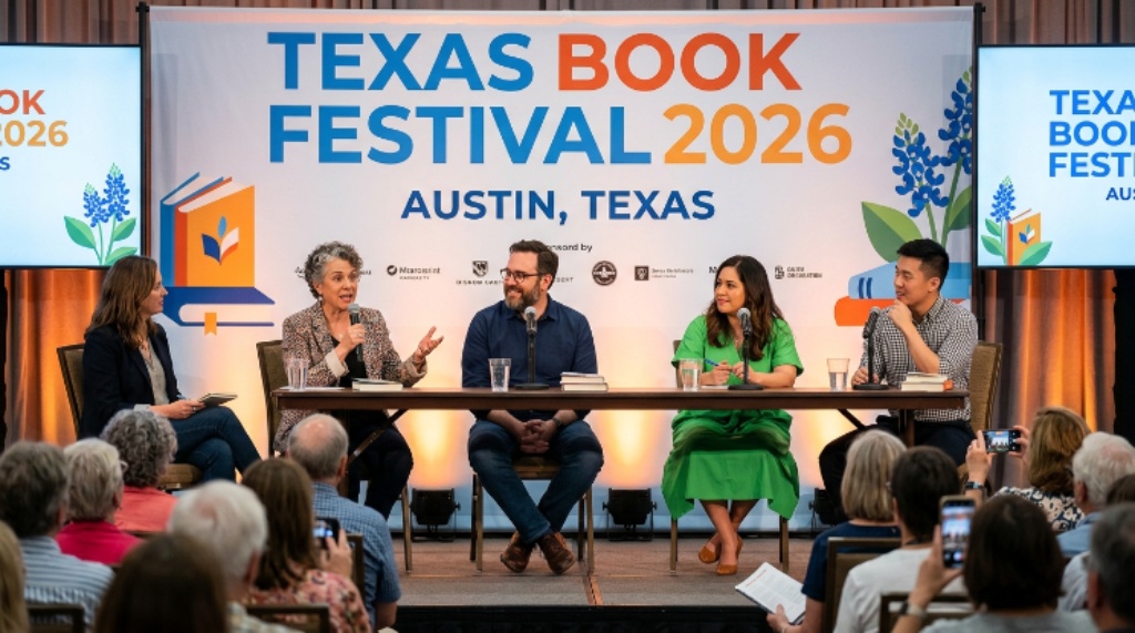 Authors on stage during a panel discussion at the Texas Book Festival 2026 in Austin, Texas