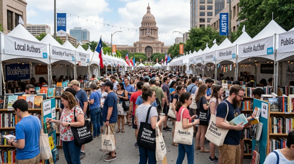 Crowds of book lovers browsing the Texas Book Festival exhibitor marketplace in downtown Austin