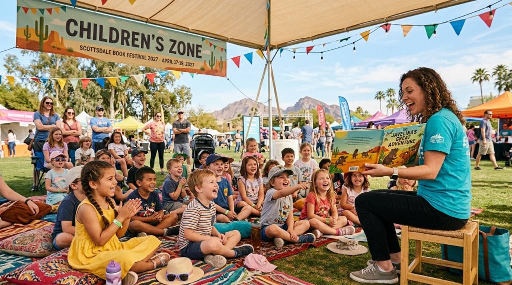 Children enjoying a storytime session at the Scottsdale Book Festival 2027 outdoor children's zone