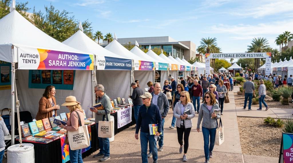 Visitors browsing author tents at the Scottsdale Book Festival on a sunny January afternoon